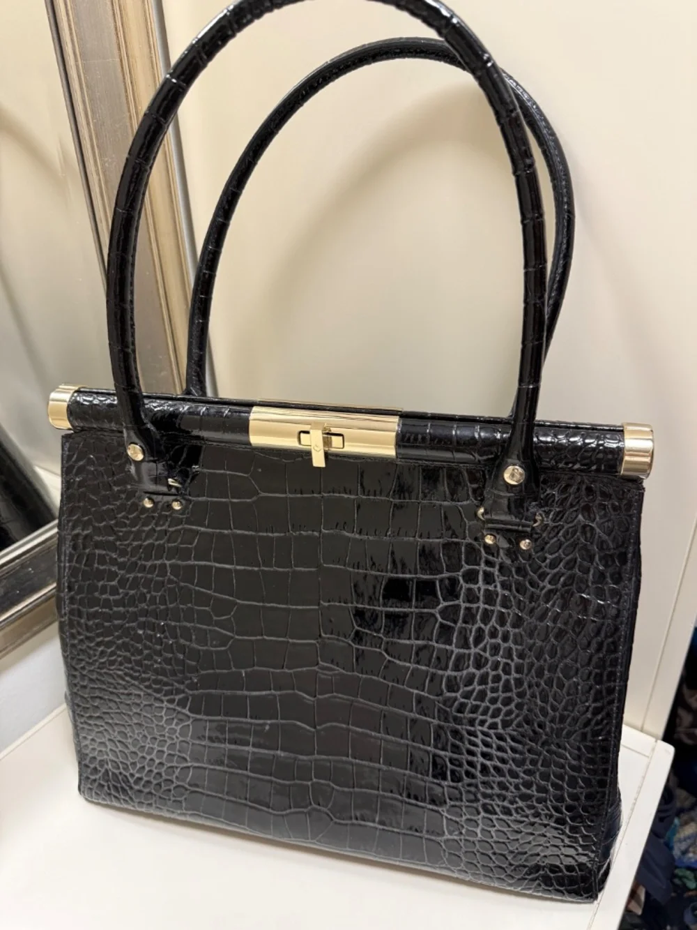 Kate Spade Black Leather Alligator Embossed Handbag